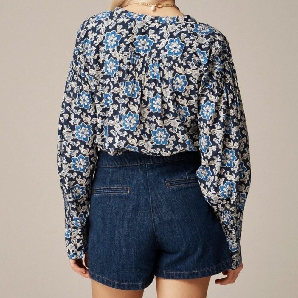 J.Crew V Neck Tie Top Floral Cotton Blend Dobby Blue Floral Long Puff Sleeve M - Picture 2 of 14